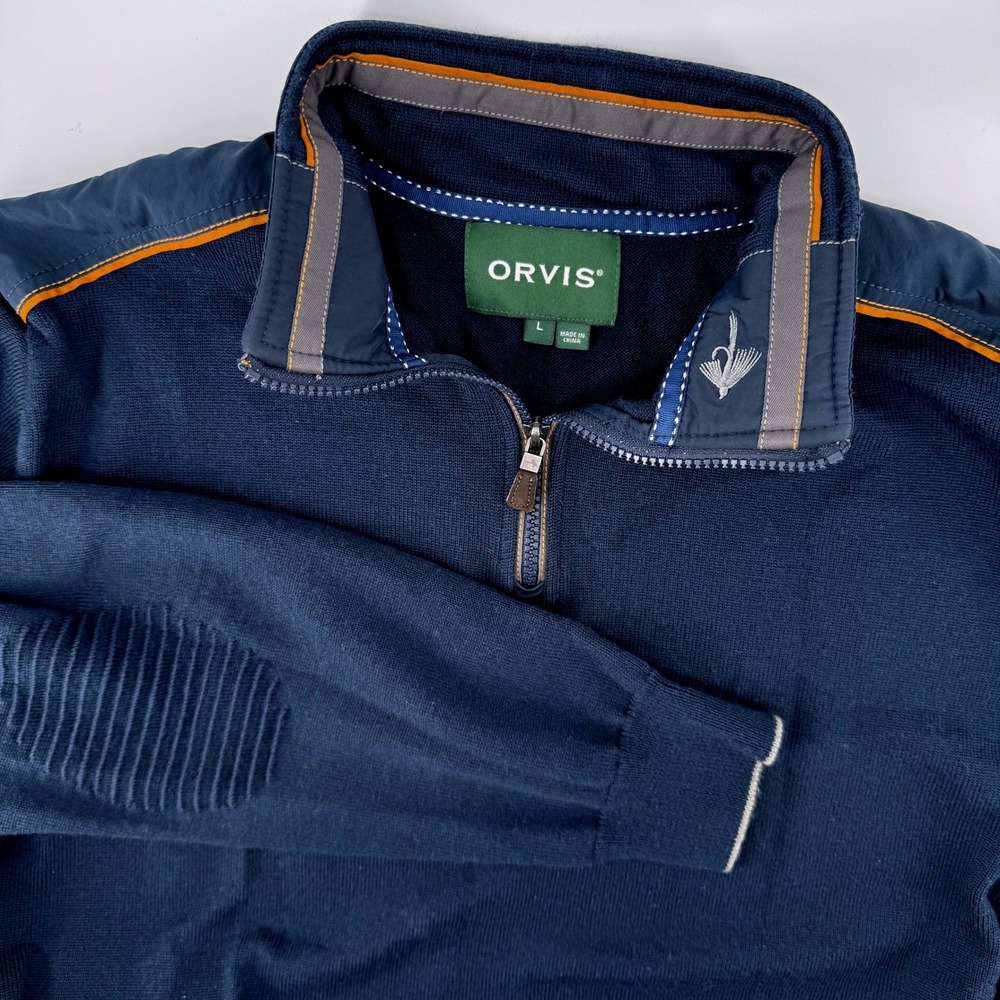 Orvis Quarter Zip Heavy Sweater Large Navy Blue Merino Wool Elbow Reinforced